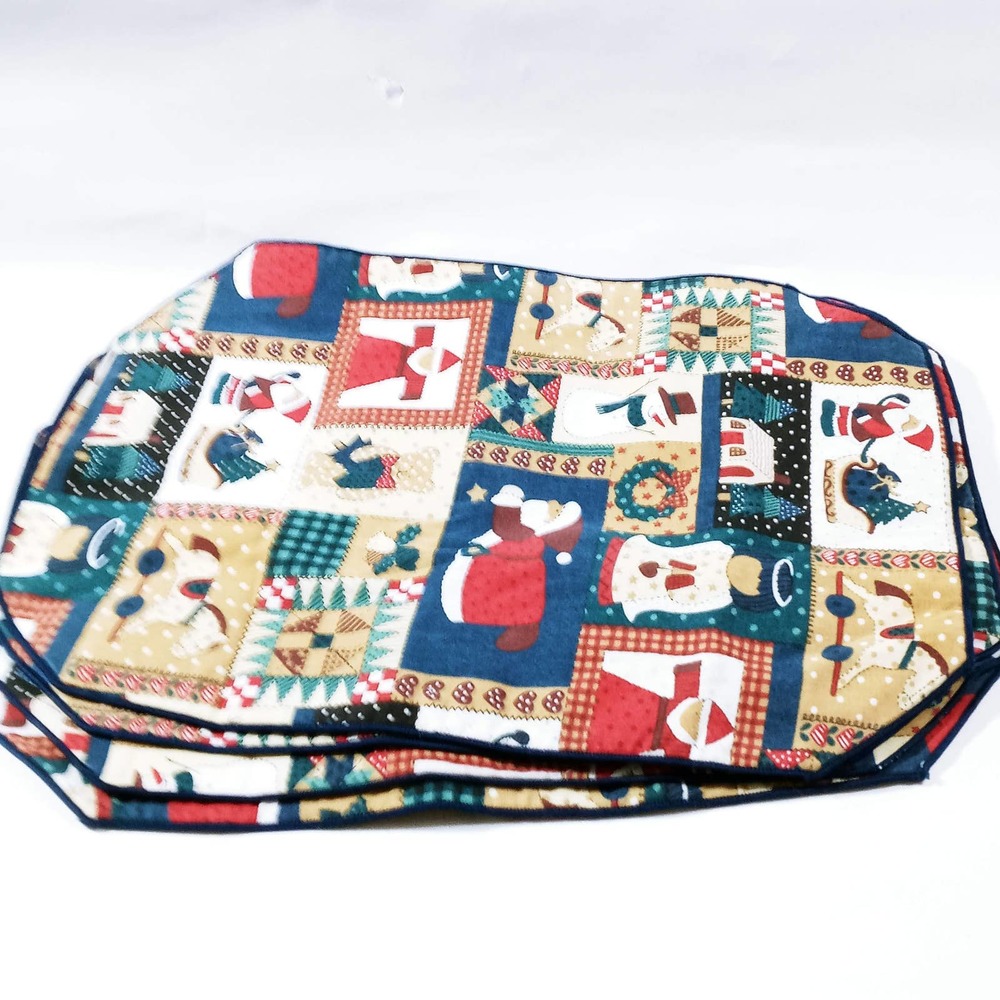 Vtg Country Christmas 4 Cloth Placemats Santa Snowman Sleigh Horse Snowy Night